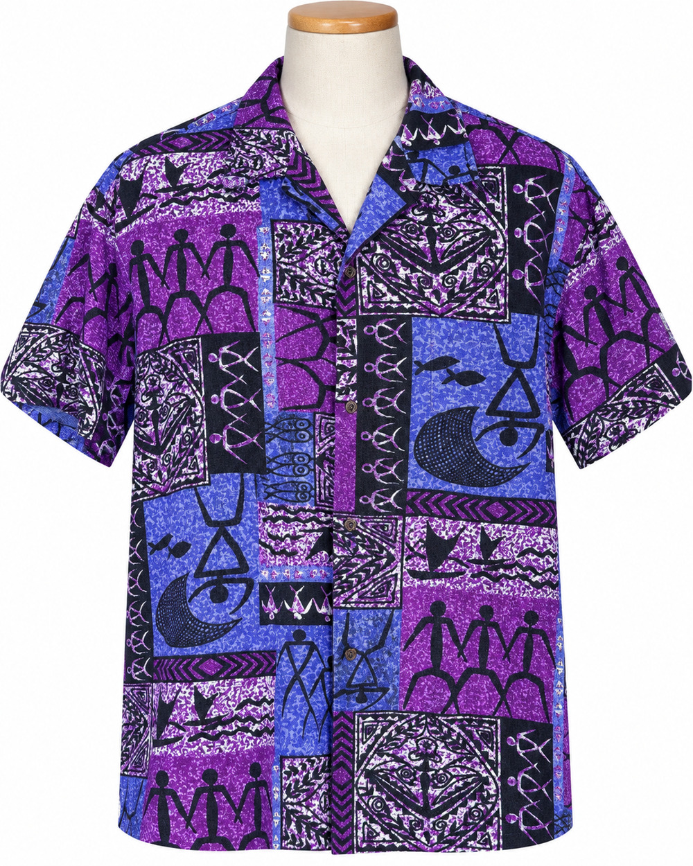 Vtg Men's Purple Blue Hawaiian Barkcloth Shirt Tribal Petroglyph Tapa Block XL